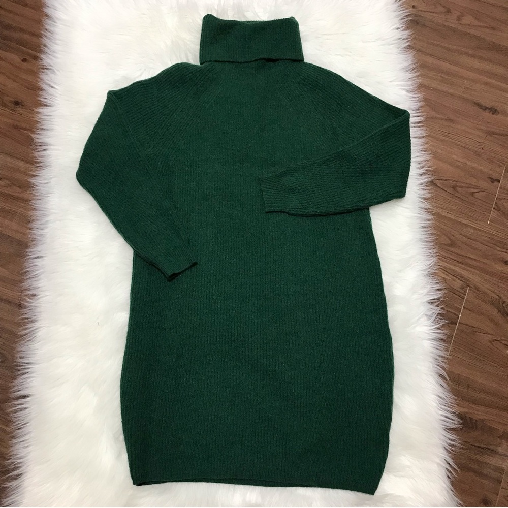 Sweater Dress Womens Size L Forest Green Ribbed Turtle Neck Long Sleeves